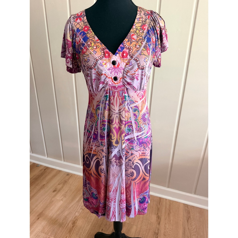 Energe by Oneworld Dress‎ Small Pink Paisley Floral V-Neck Y2K Indie Sleaze Boho